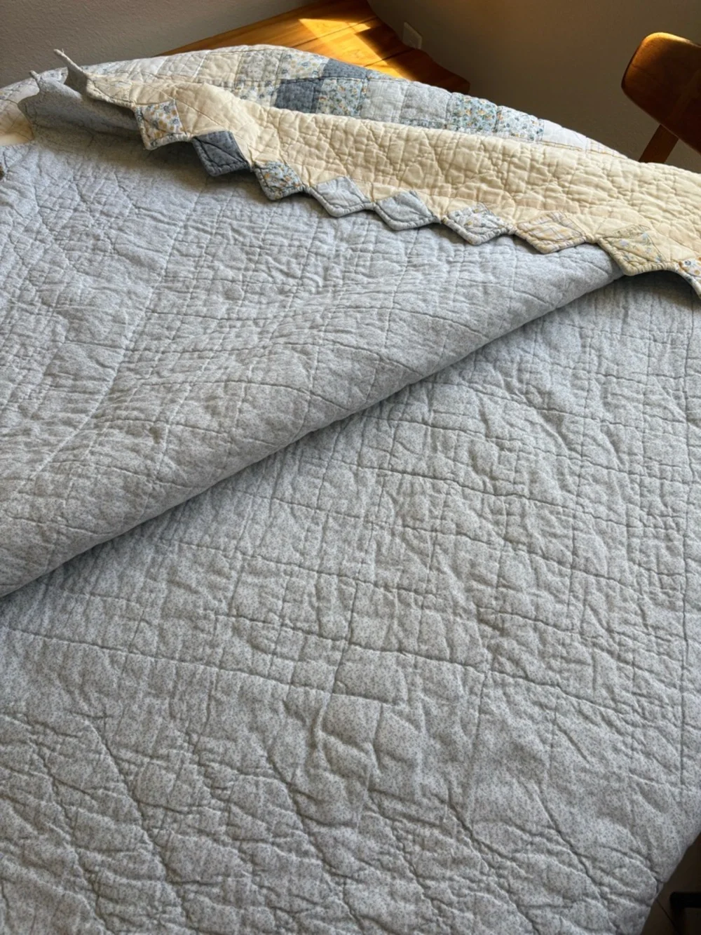 Classic Quilted Bedspread in Cream and Light Blue Handmade Vintage